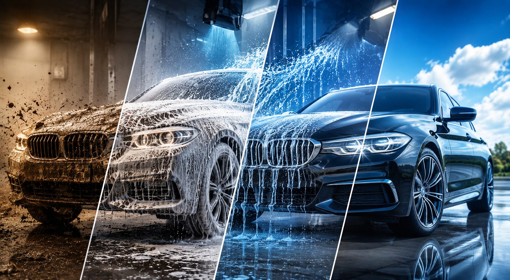 Mașină BMW în timpul spălării la AquaShine Car Wash, de la caroserie murdară la luciu impecabil