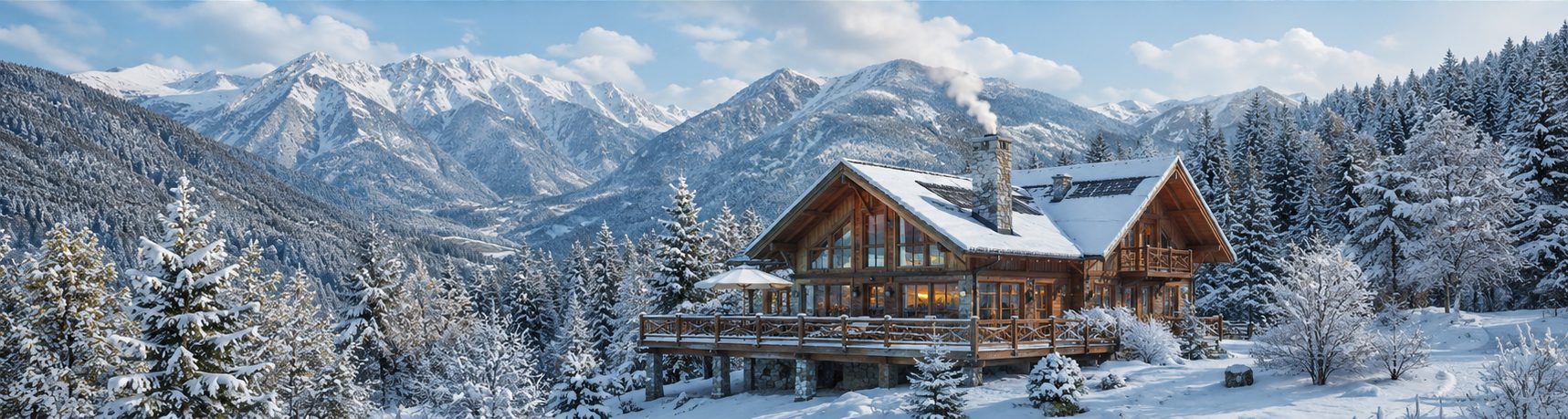Cabana Poiana Zimbrului iarna, acoperită de zăpadă, cu brazi în jur